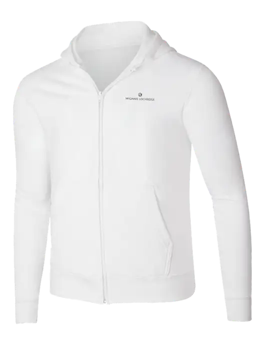 White 8.5 oz Ring Spun Zip Hooded Sweatshirt w/McGinnis Logo