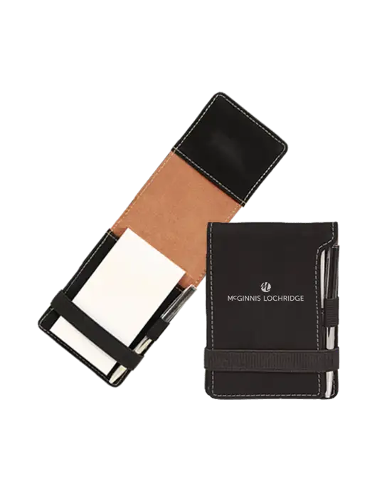 Black Leatherette Mini Notepad with Pen,  3.25 x 4.75 w/McGinnis Logo