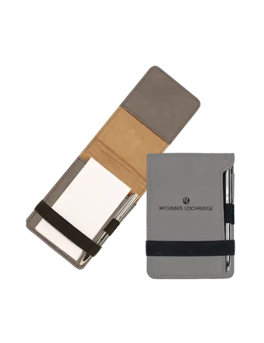 Grey Leatherette Mini Notepad with Pen,  3.25 x 4.75 w/McGinnis Logo