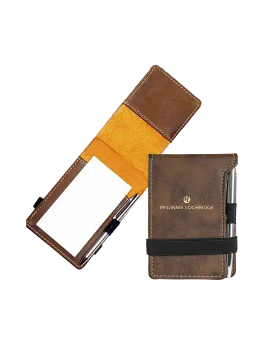 Rustic Leatherette Mini Notepad w/Pen, 3.25 x 4.75 w/McGinnis Logo