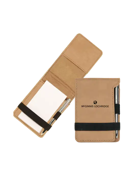Tan Leatherette Mini Notepad with Pen,  3.25 x 4.75 w/McGinnis Logo
