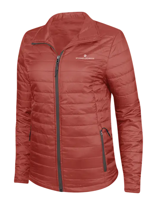Dark Red Womens Puffy Packable Jacket w/McGinnis Logo